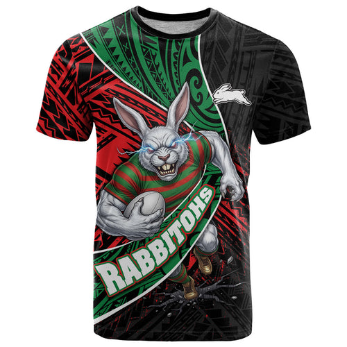 South Sydney Rabbitohs Rugby T Shirt Tribal Polynesian Power Art - Lightning Mascot