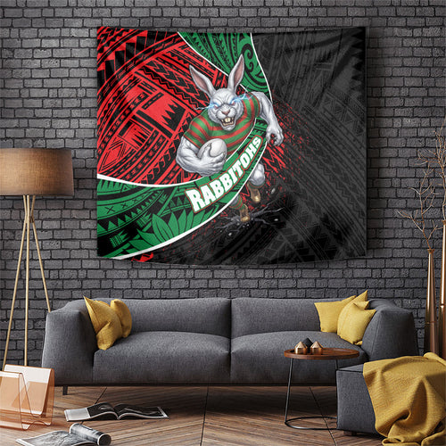 South Sydney Rabbitohs Rugby Tapestry Tribal Polynesian Power Art - Lightning Mascot