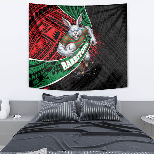 South Sydney Rabbitohs Rugby Tapestry Tribal Polynesian Power Art - Lightning Mascot