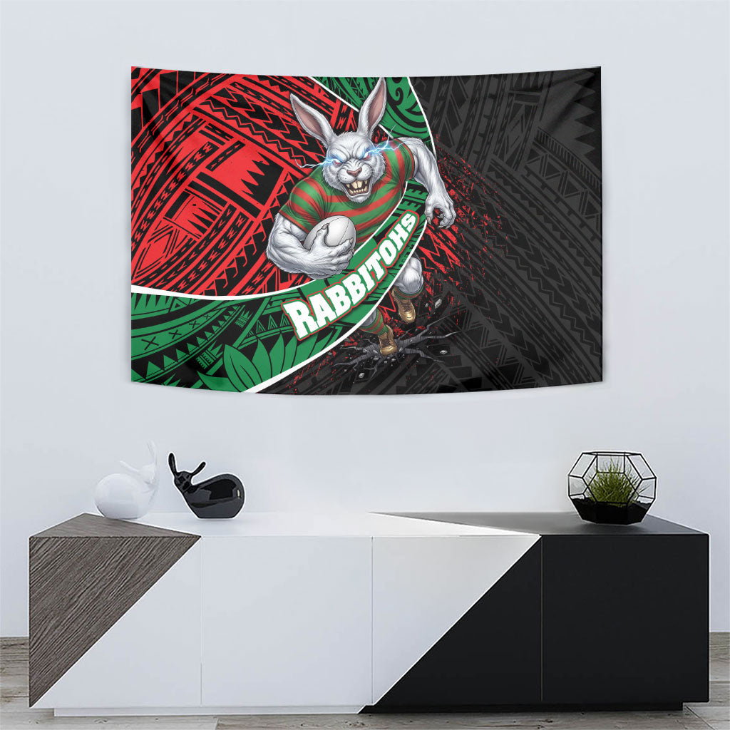 South Sydney Rabbitohs Rugby Tapestry Tribal Polynesian Power Art - Lightning Mascot