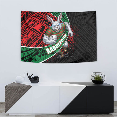 South Sydney Rabbitohs Rugby Tapestry Tribal Polynesian Power Art - Lightning Mascot