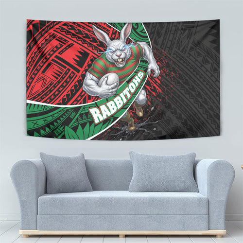 South Sydney Rabbitohs Rugby Tapestry Tribal Polynesian Power Art - Lightning Mascot
