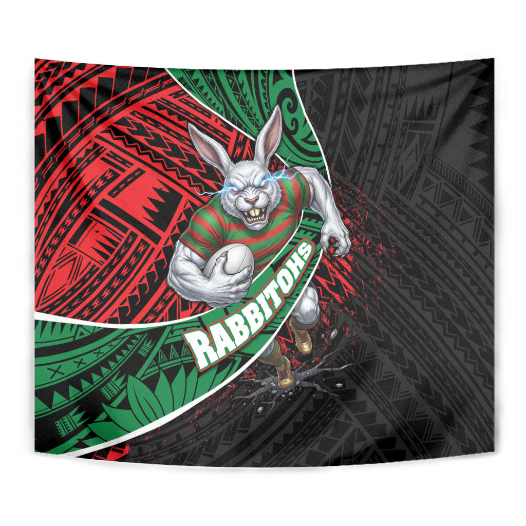 South Sydney Rabbitohs Rugby Tapestry Tribal Polynesian Power Art - Lightning Mascot