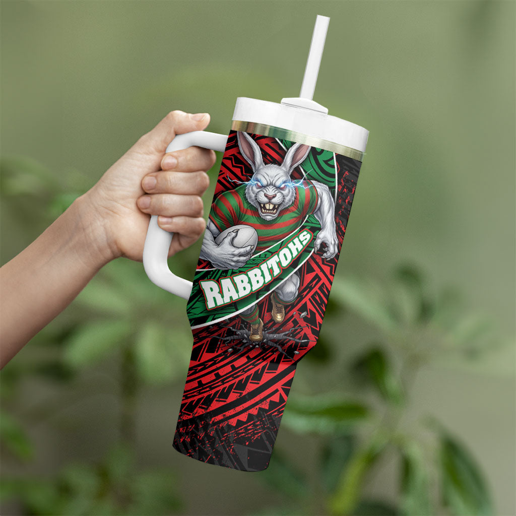 South Sydney Rabbitohs Rugby Tumbler With Handle Tribal Polynesian Power Art - Lightning Mascot
