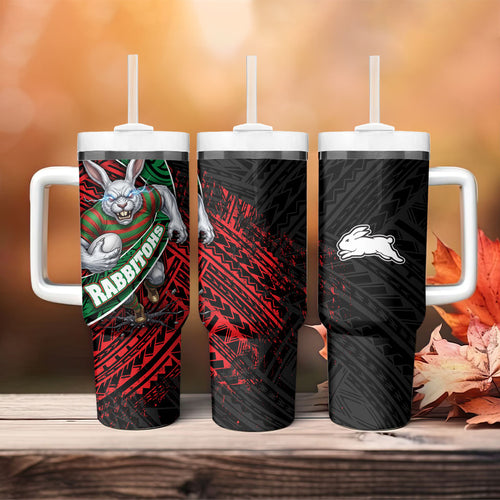 South Sydney Rabbitohs Rugby Tumbler With Handle Tribal Polynesian Power Art - Lightning Mascot
