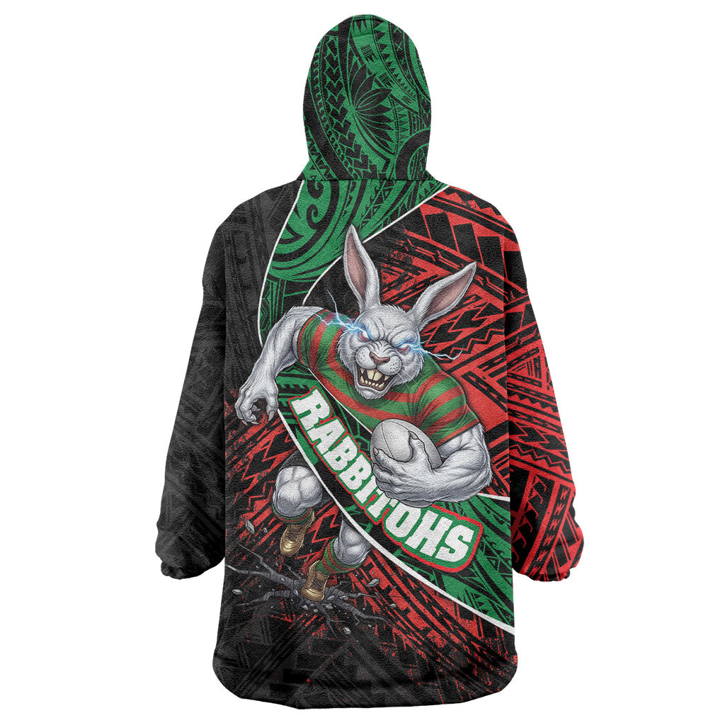 South Sydney Rabbitohs Rugby Wearable Blanket Hoodie Tribal Polynesian Power Art - Lightning Mascot