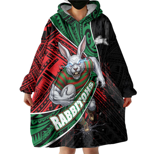 South Sydney Rabbitohs Rugby Wearable Blanket Hoodie Tribal Polynesian Power Art - Lightning Mascot