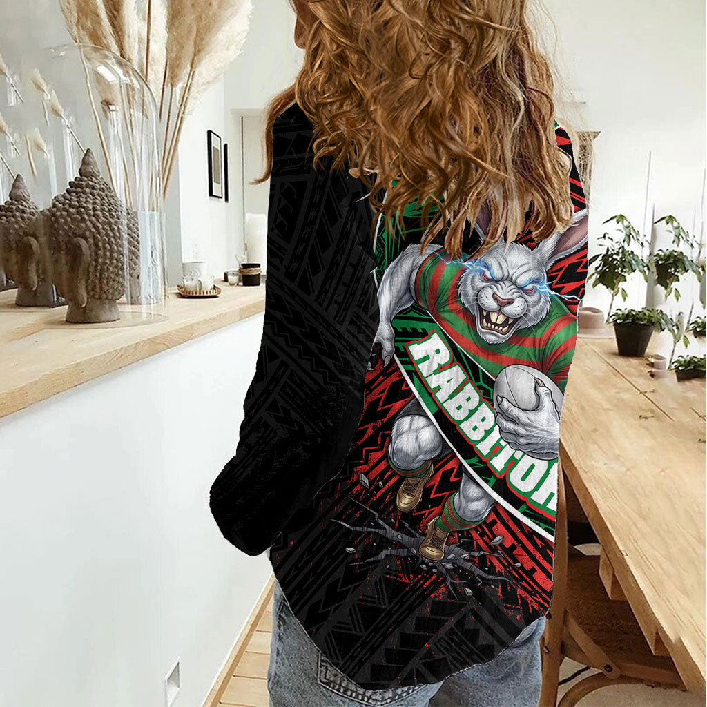 South Sydney Rabbitohs Rugby Women Casual Shirt Tribal Polynesian Power Art - Lightning Mascot