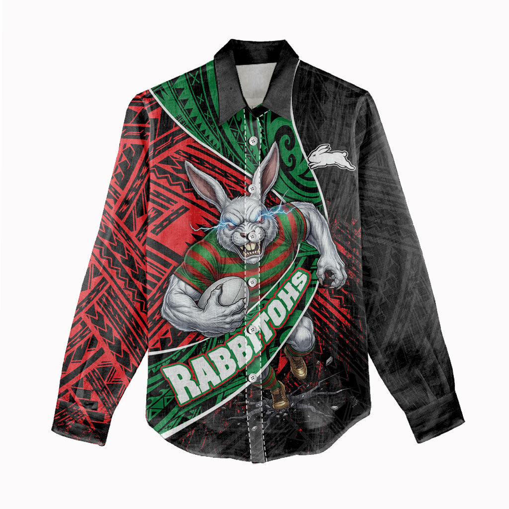 South Sydney Rabbitohs Rugby Women Casual Shirt Tribal Polynesian Power Art - Lightning Mascot