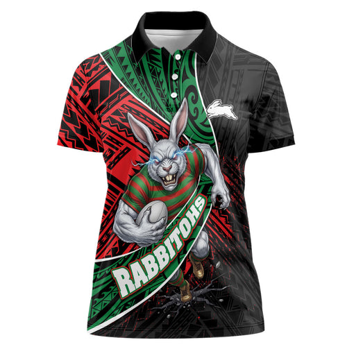 South Sydney Rabbitohs Rugby Women Polo Shirt Tribal Polynesian Power Art - Lightning Mascot