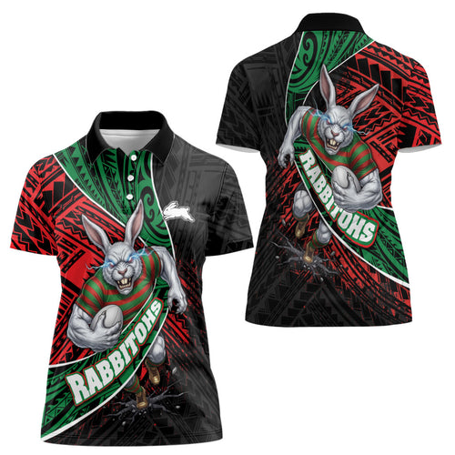 South Sydney Rabbitohs Rugby Women Polo Shirt Tribal Polynesian Power Art - Lightning Mascot