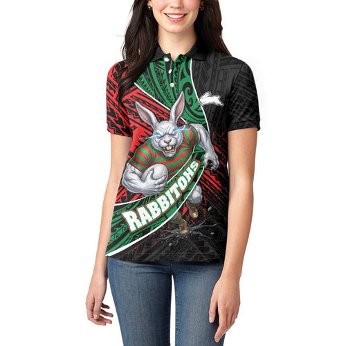 South Sydney Rabbitohs Rugby Women Polo Shirt Tribal Polynesian Power Art - Lightning Mascot