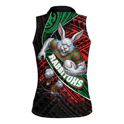 South Sydney Rabbitohs Rugby Women Sleeveless Polo Shirt Tribal Polynesian Power Art - Lightning Mascot