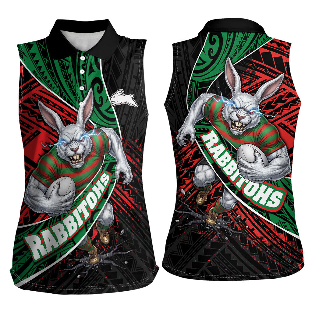 South Sydney Rabbitohs Rugby Women Sleeveless Polo Shirt Tribal Polynesian Power Art - Lightning Mascot