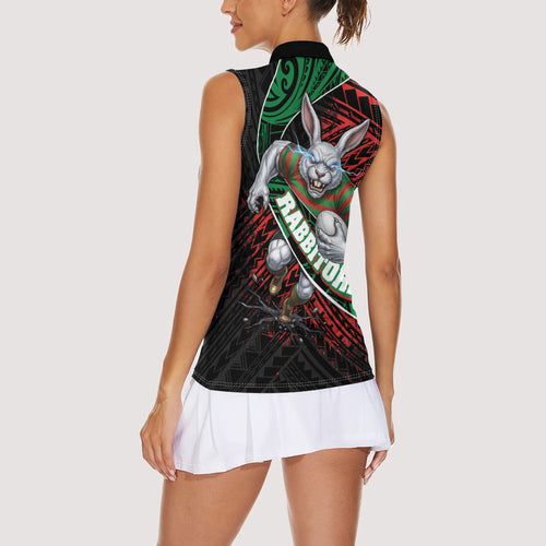 South Sydney Rabbitohs Rugby Women Sleeveless Polo Shirt Tribal Polynesian Power Art - Lightning Mascot
