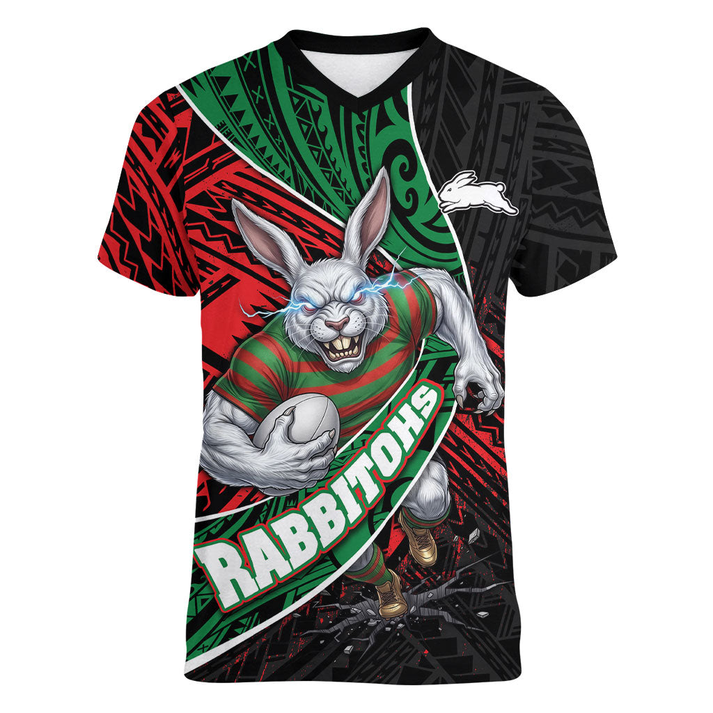 South Sydney Rabbitohs Rugby Women V-Neck T-Shirt Tribal Polynesian Power Art - Lightning Mascot