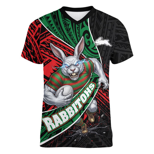 South Sydney Rabbitohs Rugby Women V-Neck T-Shirt Tribal Polynesian Power Art - Lightning Mascot