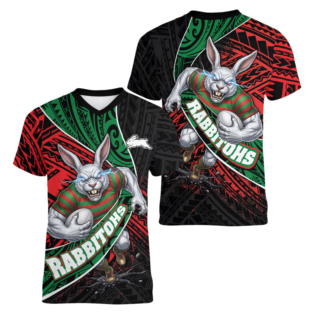 South Sydney Rabbitohs Rugby Women V-Neck T-Shirt Tribal Polynesian Power Art - Lightning Mascot