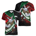 South Sydney Rabbitohs Rugby Women V-Neck T-Shirt Tribal Polynesian Power Art - Lightning Mascot