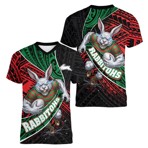 South Sydney Rabbitohs Rugby Women V-Neck T-Shirt Tribal Polynesian Power Art - Lightning Mascot