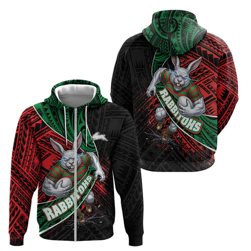 South Sydney Rabbitohs Rugby Zip Hoodie Tribal Polynesian Power Art - Lightning Mascot