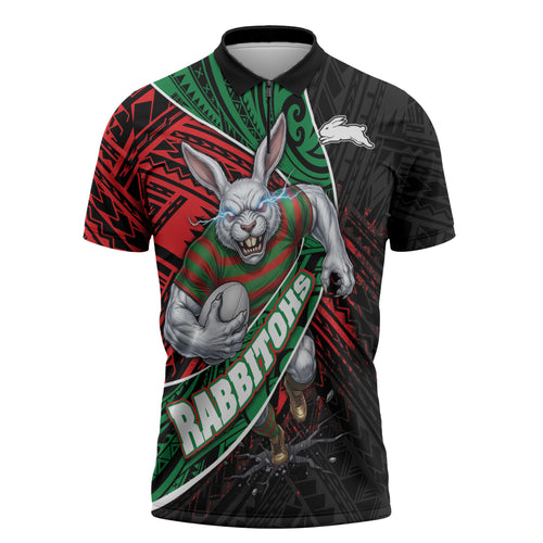 South Sydney Rabbitohs Rugby Zipper Polo Shirt Tribal Polynesian Power Art - Lightning Mascot
