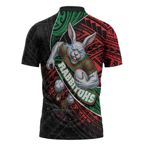 South Sydney Rabbitohs Rugby Zipper Polo Shirt Tribal Polynesian Power Art - Lightning Mascot