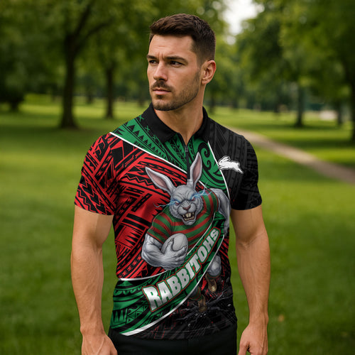 South Sydney Rabbitohs Rugby Zipper Polo Shirt Tribal Polynesian Power Art - Lightning Mascot