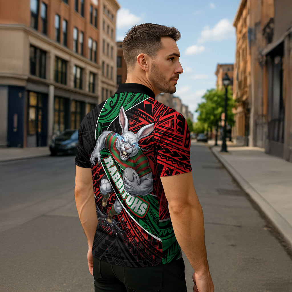 South Sydney Rabbitohs Rugby Zipper Polo Shirt Tribal Polynesian Power Art - Lightning Mascot
