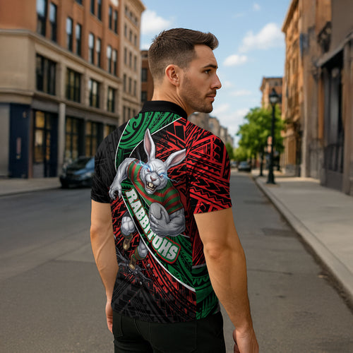 South Sydney Rabbitohs Rugby Zipper Polo Shirt Tribal Polynesian Power Art - Lightning Mascot