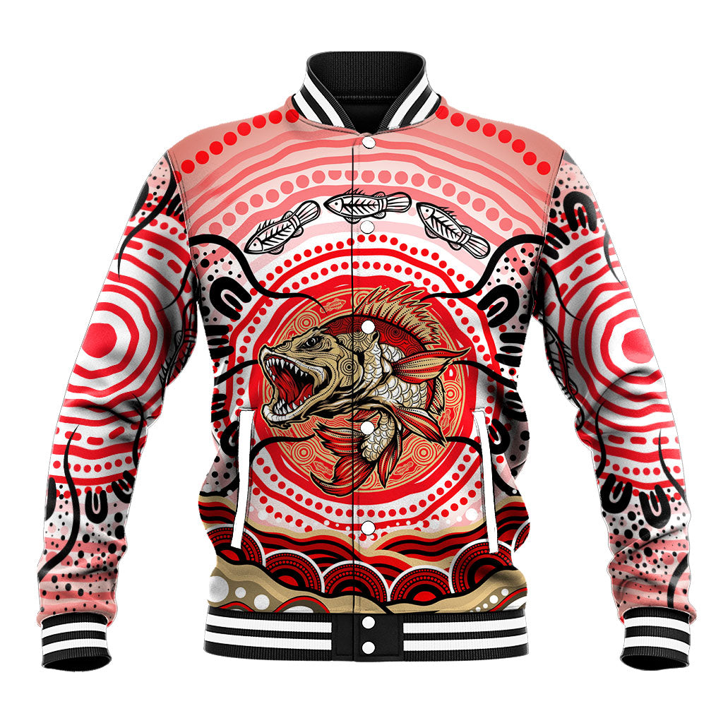 Personalised Aboriginal Barramundi Fish Baseball Jacket Indigenous Dot Art - Dreamtime Spirit Animal