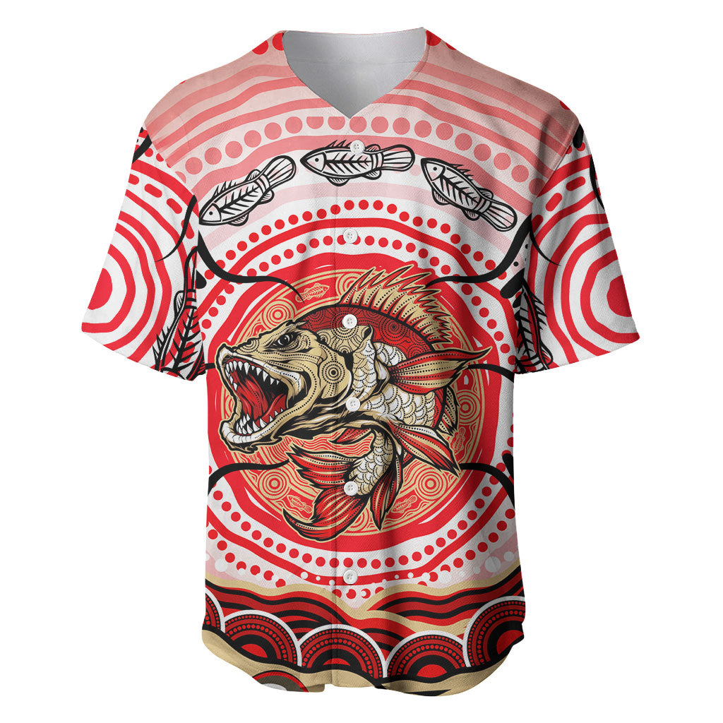Personalised Aboriginal Barramundi Fish Baseball Jersey Indigenous Dot Art - Dreamtime Spirit Animal
