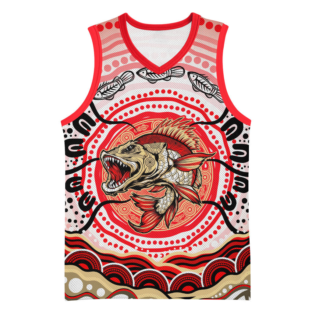 Personalised Aboriginal Barramundi Fish Basketball Jersey Indigenous Dot Art - Dreamtime Spirit Animal