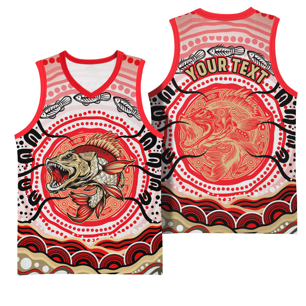 Personalised Aboriginal Barramundi Fish Basketball Jersey Indigenous Dot Art - Dreamtime Spirit Animal
