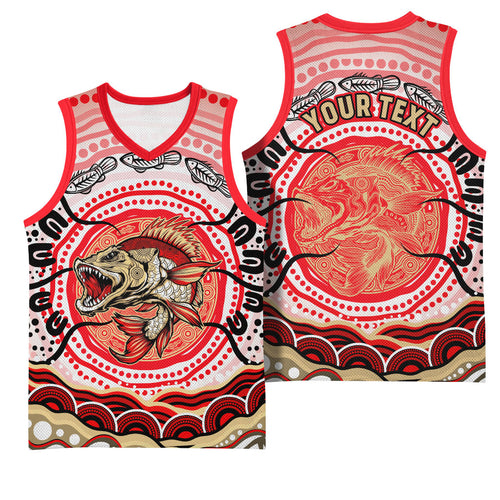 Personalised Aboriginal Barramundi Fish Basketball Jersey Indigenous Dot Art - Dreamtime Spirit Animal
