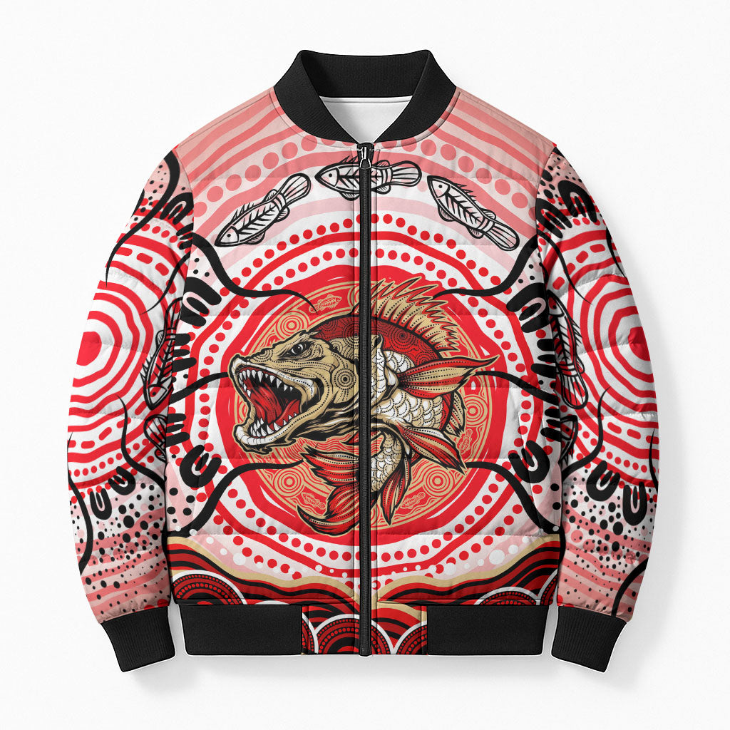 Personalised Aboriginal Barramundi Fish Bomber Puffer Jacket Indigenous Dot Art - Dreamtime Spirit Animal