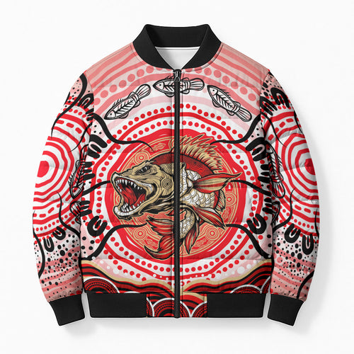 Personalised Aboriginal Barramundi Fish Bomber Puffer Jacket Indigenous Dot Art - Dreamtime Spirit Animal
