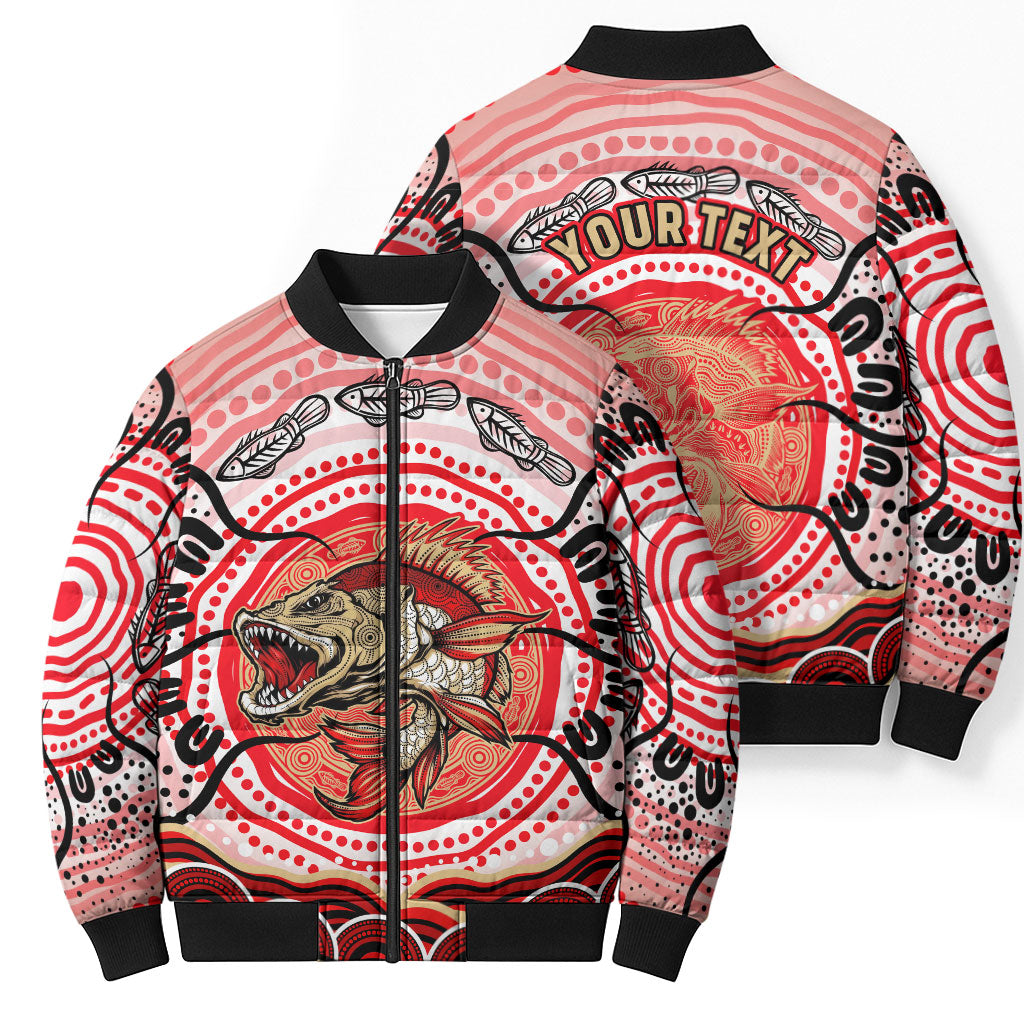 Personalised Aboriginal Barramundi Fish Bomber Puffer Jacket Indigenous Dot Art - Dreamtime Spirit Animal