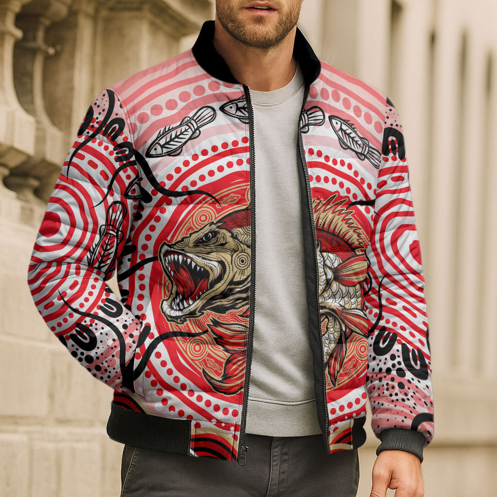 Personalised Aboriginal Barramundi Fish Bomber Puffer Jacket Indigenous Dot Art - Dreamtime Spirit Animal