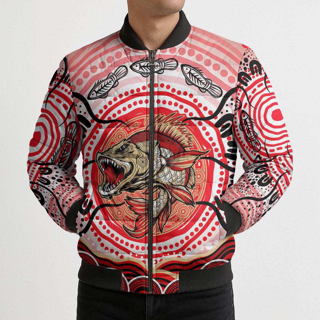 Personalised Aboriginal Barramundi Fish Bomber Puffer Jacket Indigenous Dot Art - Dreamtime Spirit Animal
