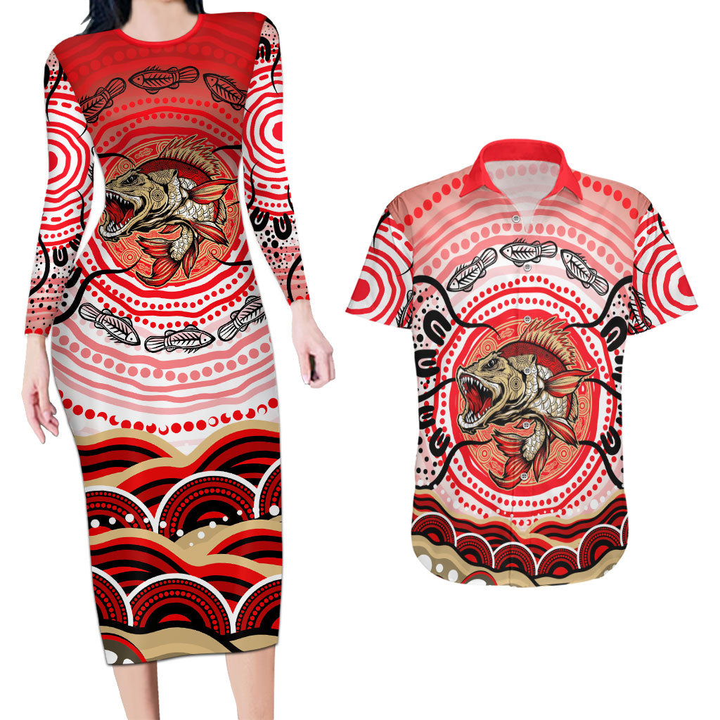 Personalised Aboriginal Barramundi Fish Couples Matching Long Sleeve Bodycon Dress and Hawaiian Shirt Indigenous Dot Art - Dreamtime Spirit Animal