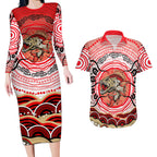 Personalised Aboriginal Barramundi Fish Couples Matching Long Sleeve Bodycon Dress and Hawaiian Shirt Indigenous Dot Art - Dreamtime Spirit Animal