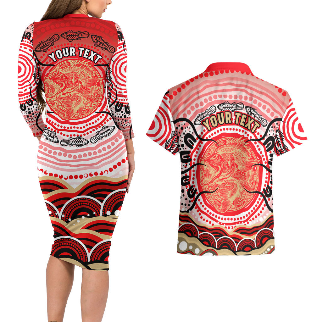 Personalised Aboriginal Barramundi Fish Couples Matching Long Sleeve Bodycon Dress and Hawaiian Shirt Indigenous Dot Art - Dreamtime Spirit Animal