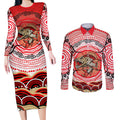 Personalised Aboriginal Barramundi Fish Couples Matching Long Sleeve Bodycon Dress and Long Sleeve Button Shirt Indigenous Dot Art - Dreamtime Spirit Animal