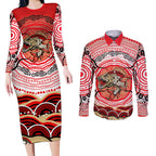 Personalised Aboriginal Barramundi Fish Couples Matching Long Sleeve Bodycon Dress and Long Sleeve Button Shirt Indigenous Dot Art - Dreamtime Spirit Animal