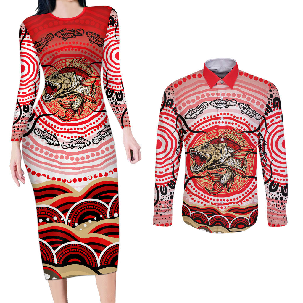 Personalised Aboriginal Barramundi Fish Couples Matching Long Sleeve Bodycon Dress and Long Sleeve Button Shirt Indigenous Dot Art - Dreamtime Spirit Animal