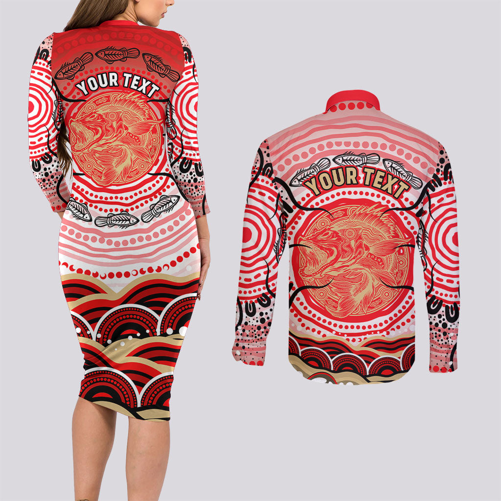 Personalised Aboriginal Barramundi Fish Couples Matching Long Sleeve Bodycon Dress and Long Sleeve Button Shirt Indigenous Dot Art - Dreamtime Spirit Animal