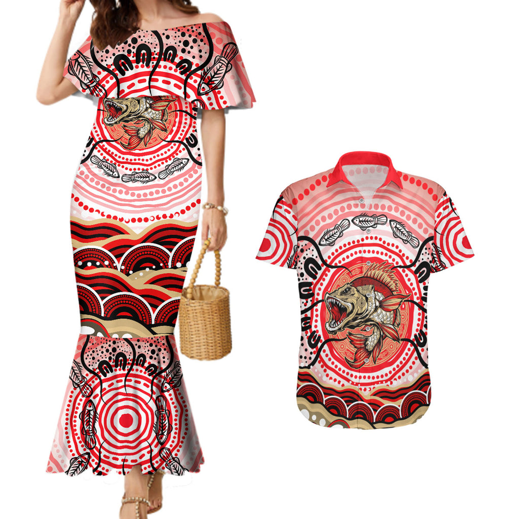 Personalised Aboriginal Barramundi Fish Couples Matching Mermaid Dress and Hawaiian Shirt Indigenous Dot Art - Dreamtime Spirit Animal