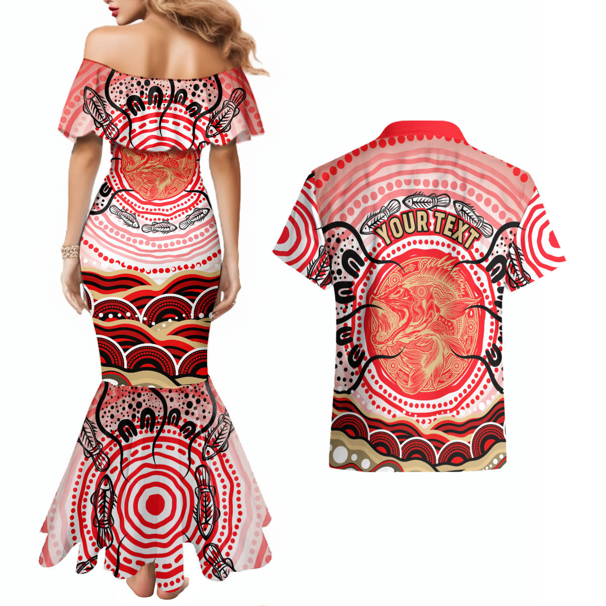 Personalised Aboriginal Barramundi Fish Couples Matching Mermaid Dress and Hawaiian Shirt Indigenous Dot Art - Dreamtime Spirit Animal