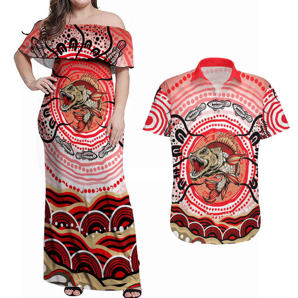 Personalised Aboriginal Barramundi Fish Couples Matching Off Shoulder Maxi Dress and Hawaiian Shirt Indigenous Dot Art - Dreamtime Spirit Animal